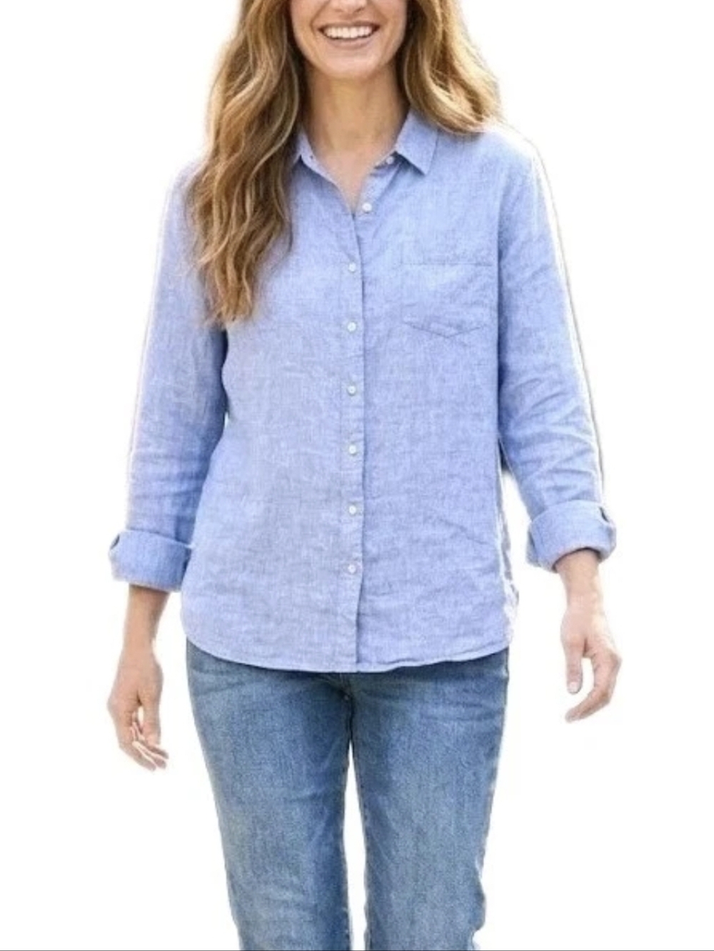 L.L. Bean Women's 100% LINEN Button Down Shirt Blue Long Sleeve Size L